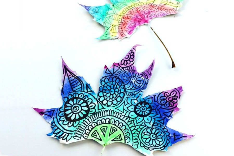 Creative kids crafts using fall leaves: Watercolor doodle leaves DIY from Color Made Happy