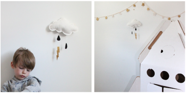 Handmade cloud mobile with lightning bolts by Jahje Ives
