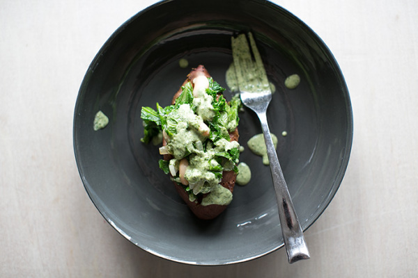 Healthy baked sweet potato recipe with greens + chickpeas | What's Cooking Good Looking