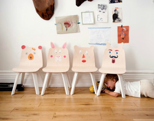 Bunny and Bear chairs for kids by Oeuf. Stickers optional
