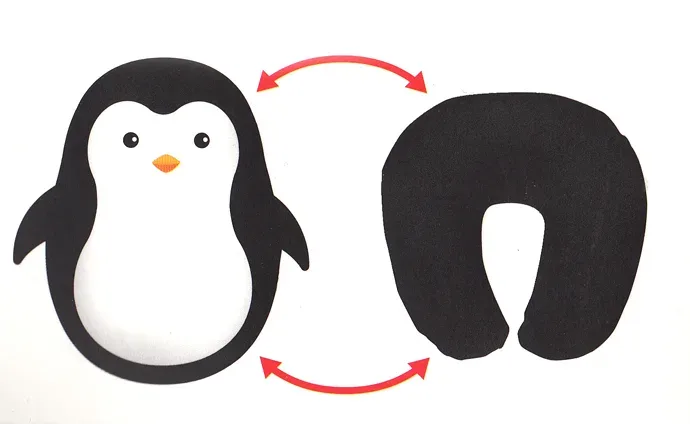 Penguin convertible travel pillow for kids: The doll zips into itself to become a headrest style pillow