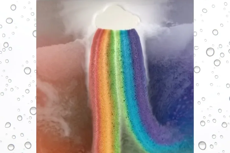 Rainbow bomb bath fizzy shoots a surprise rainbow out of the cloud. Whoa!