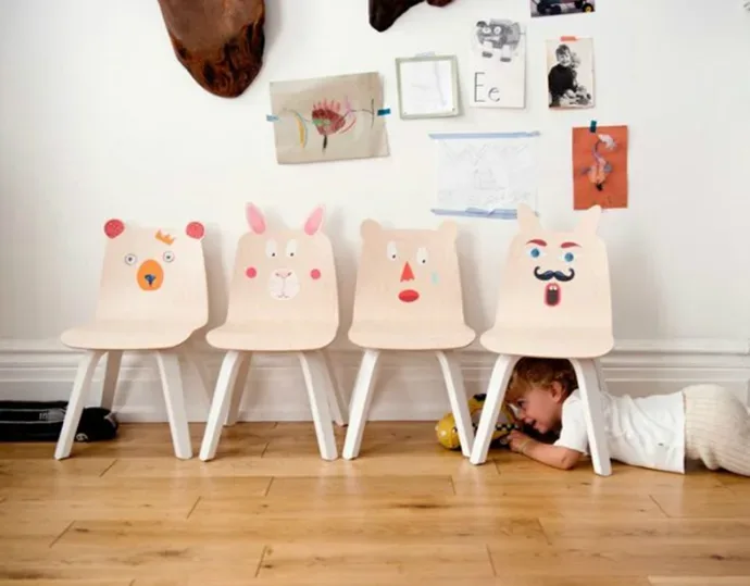 Bunny and Bear chairs for kids by Oeuf. Stickers optional