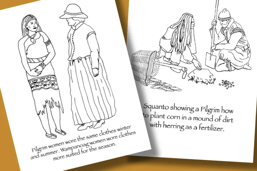 Historically accurate Thanksgiving coloring pages for children via Many Hoops