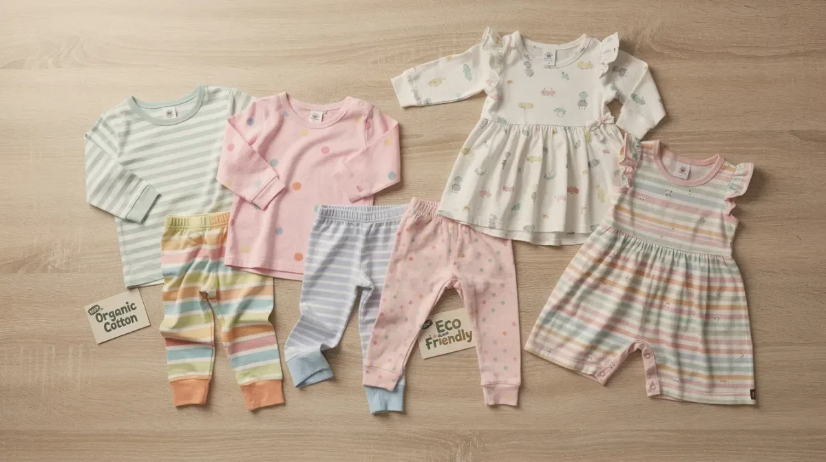 A vibrant assortment of colorful organic cotton children's clothing is neatly arranged on a wooden surface, showcasing adorable prints and soft fabrics ideal for sensitive skin. This collection includes everyday staples and special occasion outfits, perfect for little ones and designed by top children's clothing brands like Hanna Andersson.