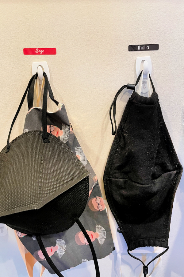 Tip: Label mask hooks using Mabel's Labels. They peel off the wall pretty nicely too (sponsor)