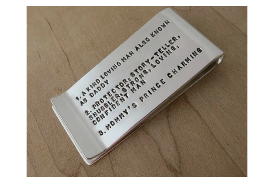 Father's Day gifts for new dads: a personalized money clip by Metal Pressions