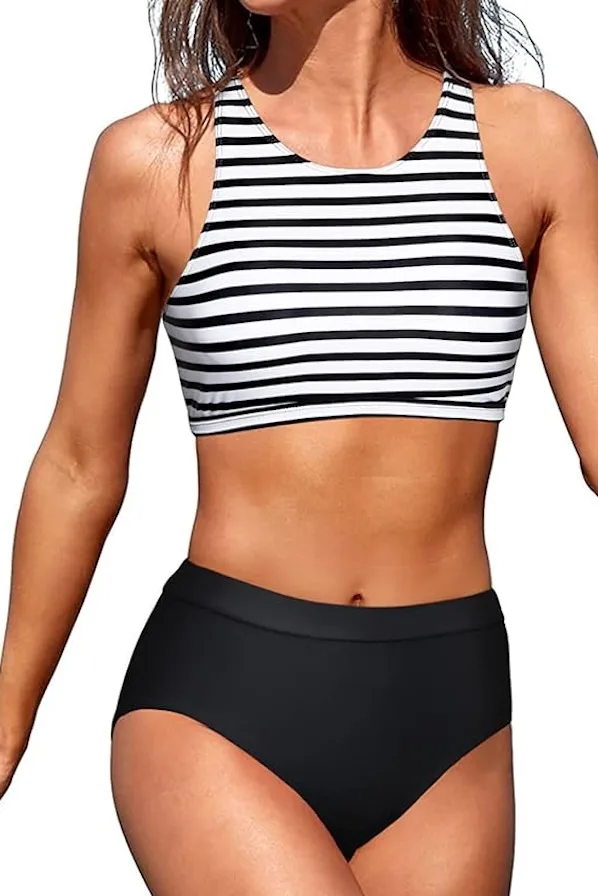 Athletic swimsuits for teens not into string bikinis: High Neck Crop Top Racerback Athletic Swimsuit Set