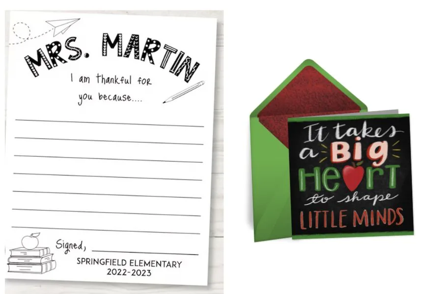 Teacher thank you notes for the end of the school year, plus tips for what to write inside of them.