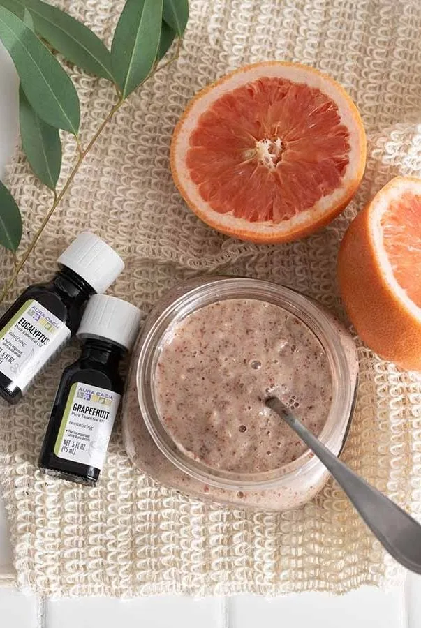 Homemade eucalyptus shower scrub from Aura Cacia: Handmade mason jar spa gifts