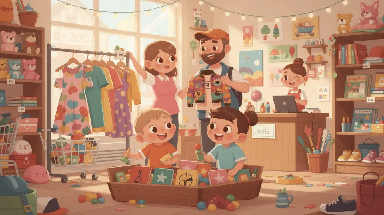 A family enjoying the experience of shopping at a resale store.