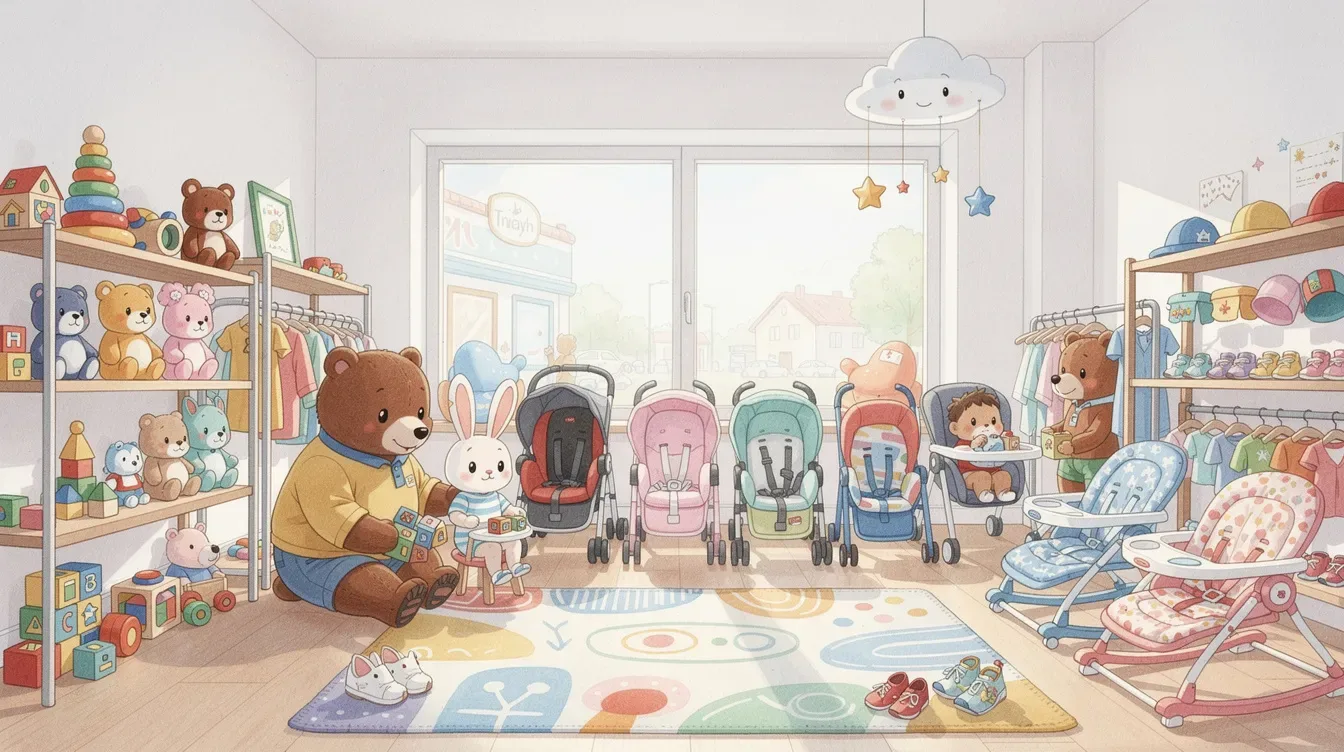 A selection of toys and baby gear available in a resale store.