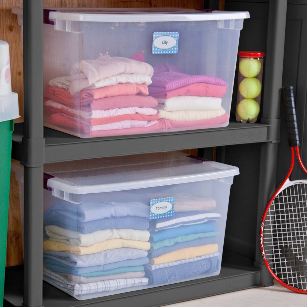 Spring cleaning checklist: Organize your kids' clothes in see-through tubs.