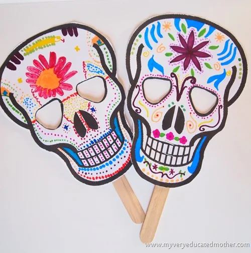 Smiling (not scary!) printable skull masks to celebrate the Day of the Dead