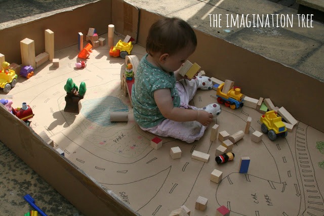 DIY Cardboard Play Area using blocks and a cardboard box | The Imagination Tree
