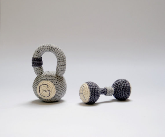 Crocheted baby toys -monogrammed dumbbell rattle at YarnBall at Etsy