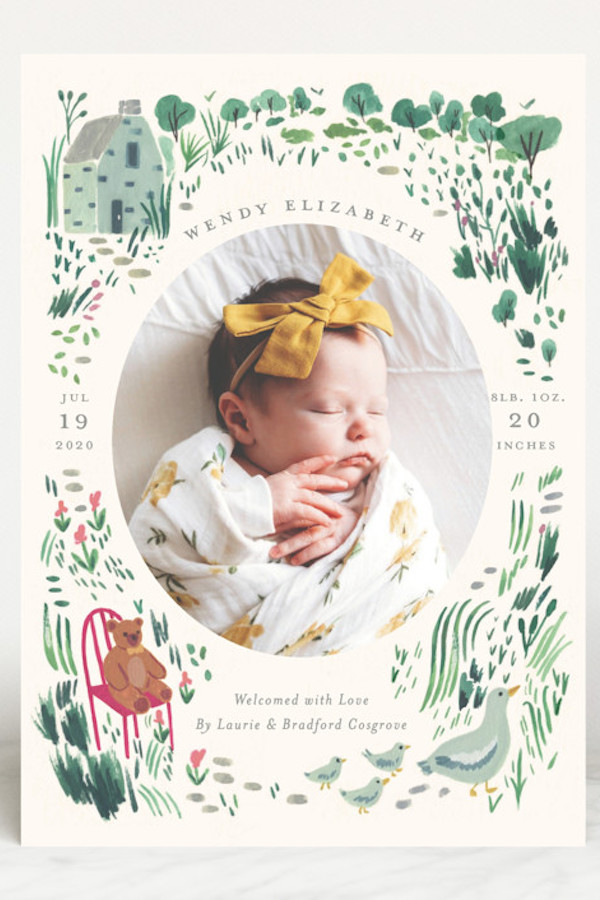 Creative birth announcement ideas: Photo cards from Minted look like they were custom illustrated around your baby's photo