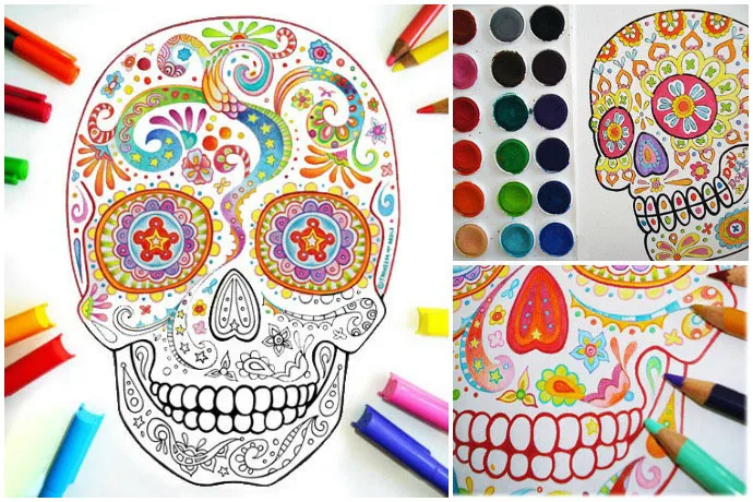 Wonderful printable sugar skull coloring pages for Dia de los Muertos.