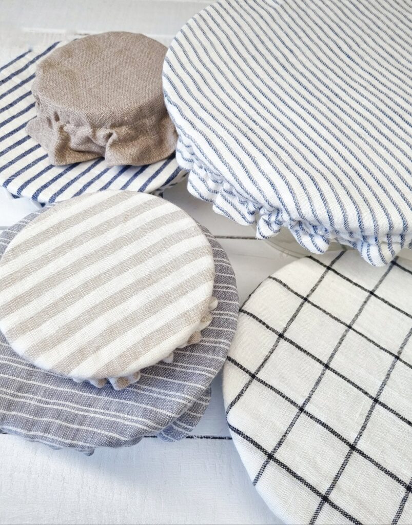 Reusable linen dish covers from Halfmoon Linen on Etsy