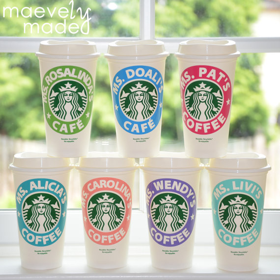Personalized Starbucks coffee cups made by a kid! Great teacher gift