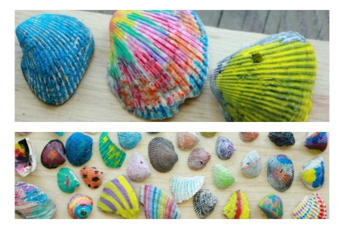 Coloring shells with crayons by Artful Parent, and other easy crafts with shells.