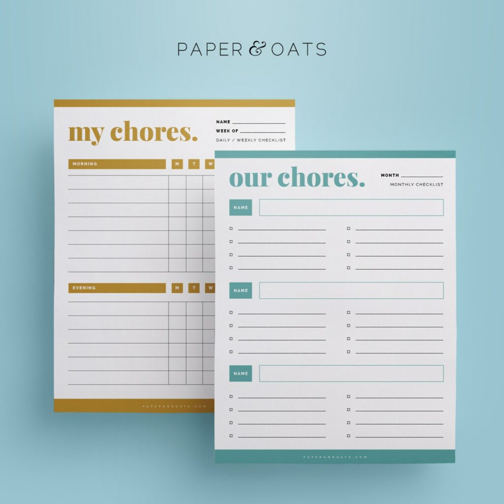 Elegant Weekly and monthly printable chore charts suitable for teens and kids | Paper & Oats on Etsy