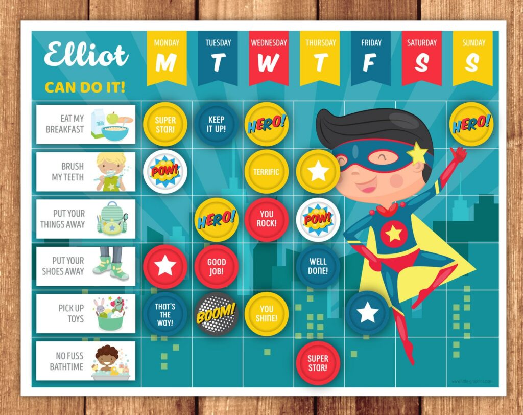 Super cool printable superhero reward chart for kids, customized with a name and including stickers and more