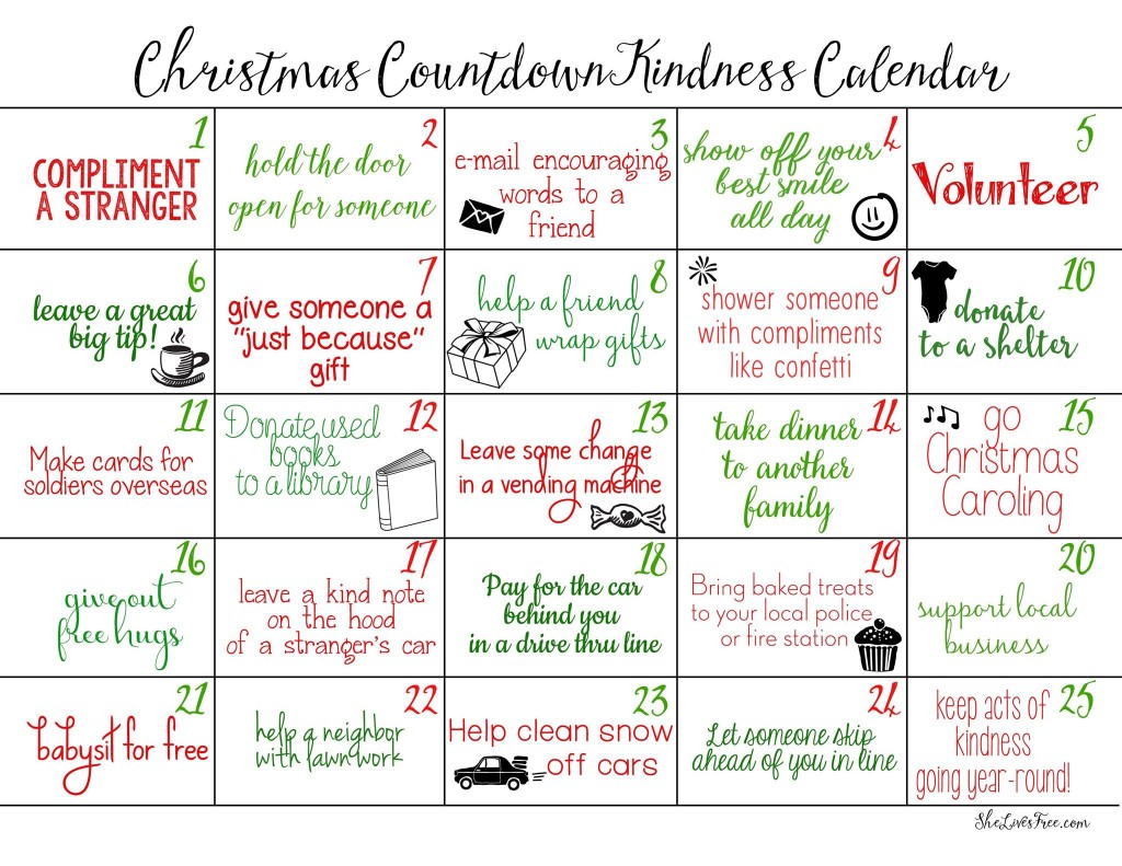 Free Printable Christmas Countdown Calendar Featuring Random Acts Of Kindness Cool Mom Picks