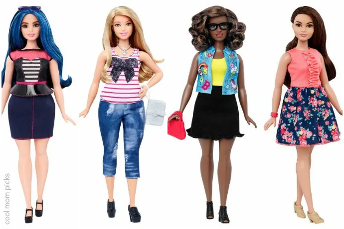 New curvy Barbies with shapes, skin color, and hair that better reflects how women look today