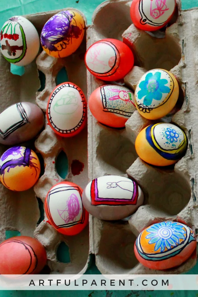 Fun Sharpie Easter egg decorating idea: Create frames turning the eggs into canvases for the kids | DIY ideas at The Artful Parent