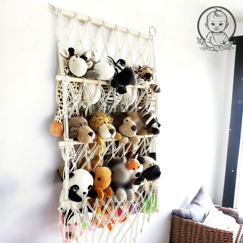 Playroom tips for small spaces: Hang plush items in macrame toy hammock
