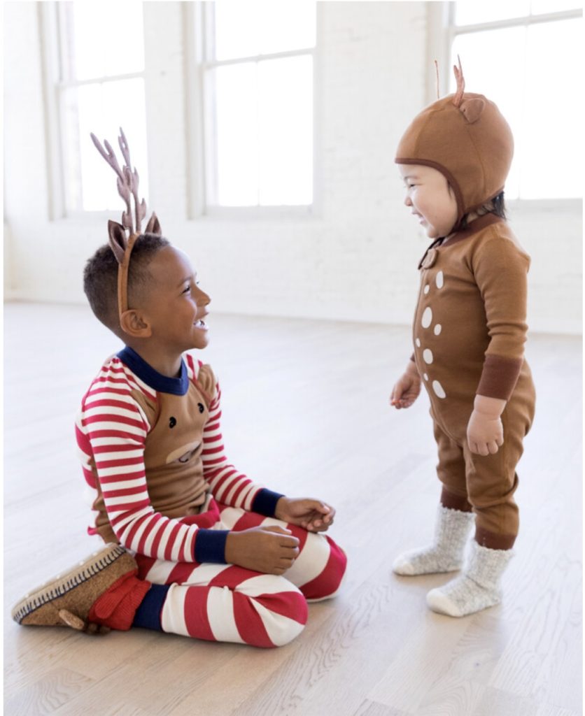 Easy Halloween costumes made from pajamas: Hanna Andersson has cute hats like this reindeer that you can work around.