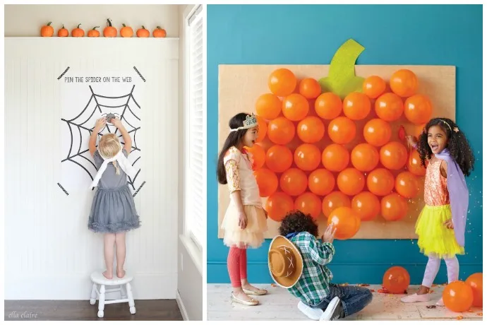 Our favorite easy Halloween games for kids | Pin the Spider on the Web at Ella Claire Inspired and Pop Goes the Pumpkin at Martha Stewart