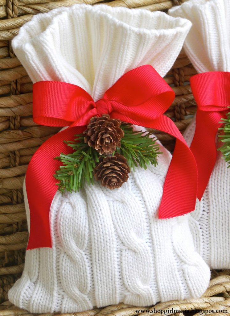 Use a sweater for this cozy and creative holiday gift wrap idea from A Homemade Living.