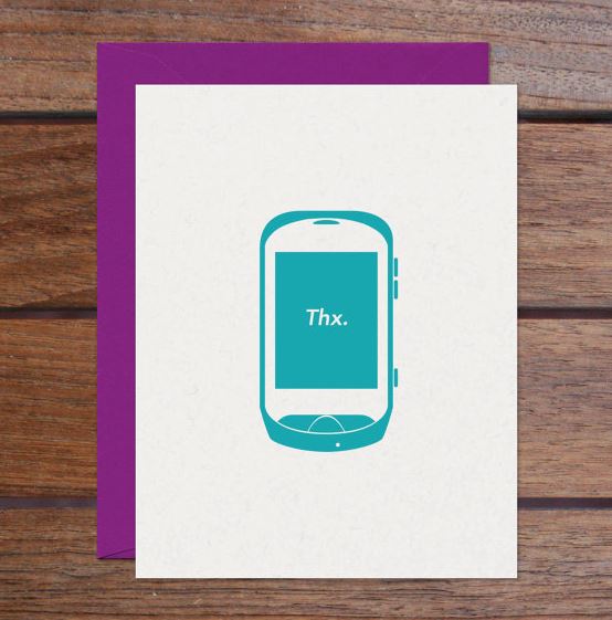 For hardcore texting teens, these "Thx" text message thank you cards by Warren Tales are the perfect compromise.
