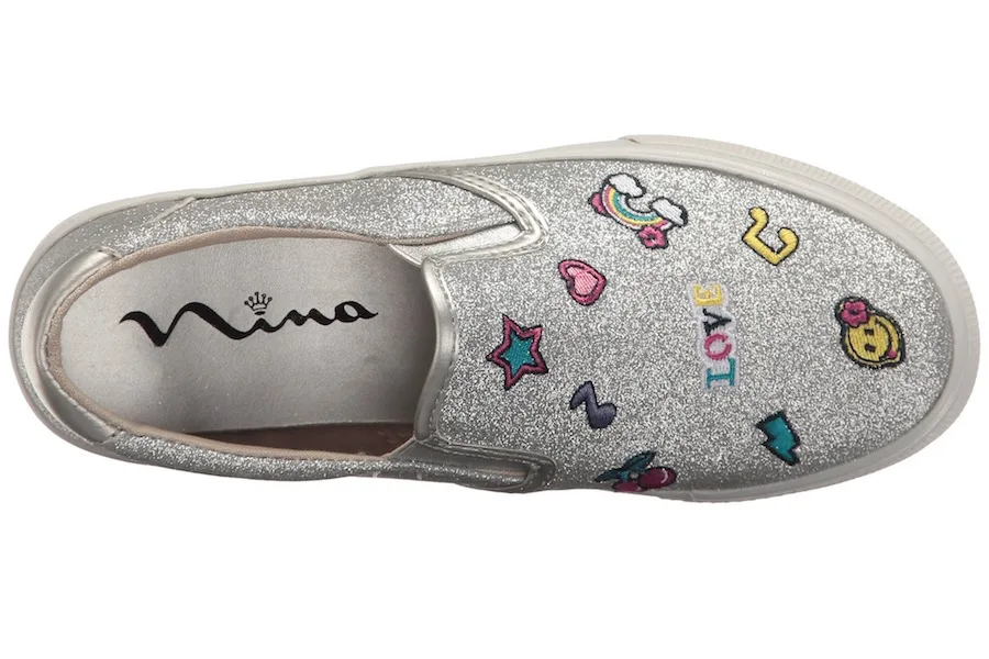 Cool metallic spring shoes for girls, like these fun silver slip-ons by Nina Kids