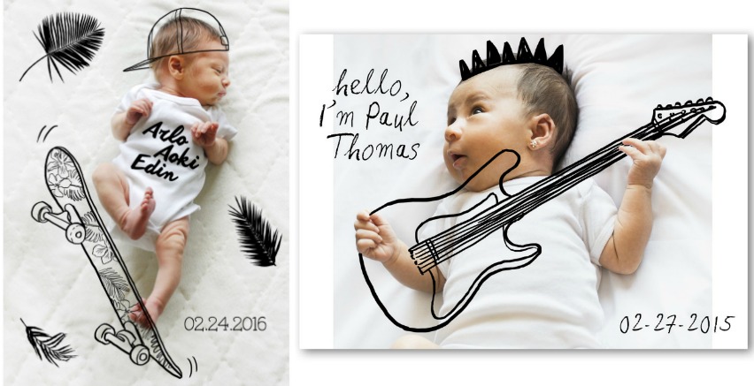 Creative birth announcements for twins: Illustrations over photos by artist Todd Borka