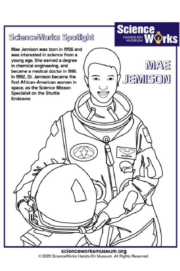 Free Women's History Month coloring page: Dr. Mae Jemison via ScienceWorks Museum