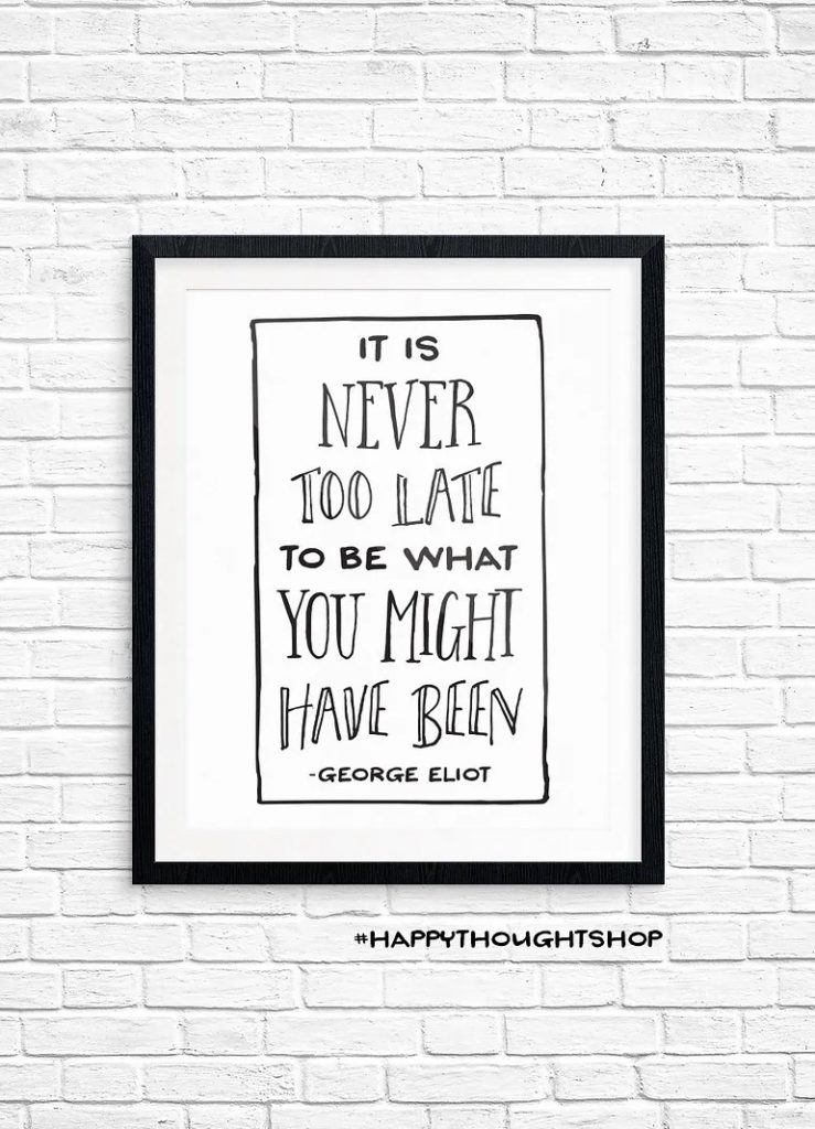 Inspirational home office quote posters: never too late to be what you might have been
