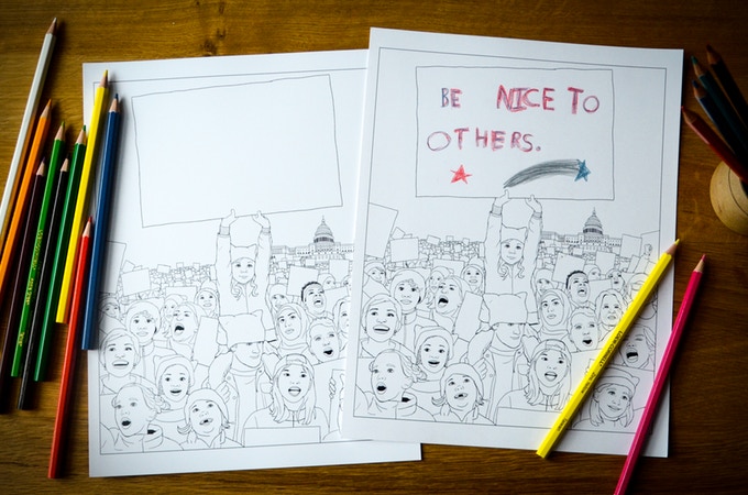 The We March coloring book includes blank pages so kids can fill in signs with the causes they care about | coolmompicks.com