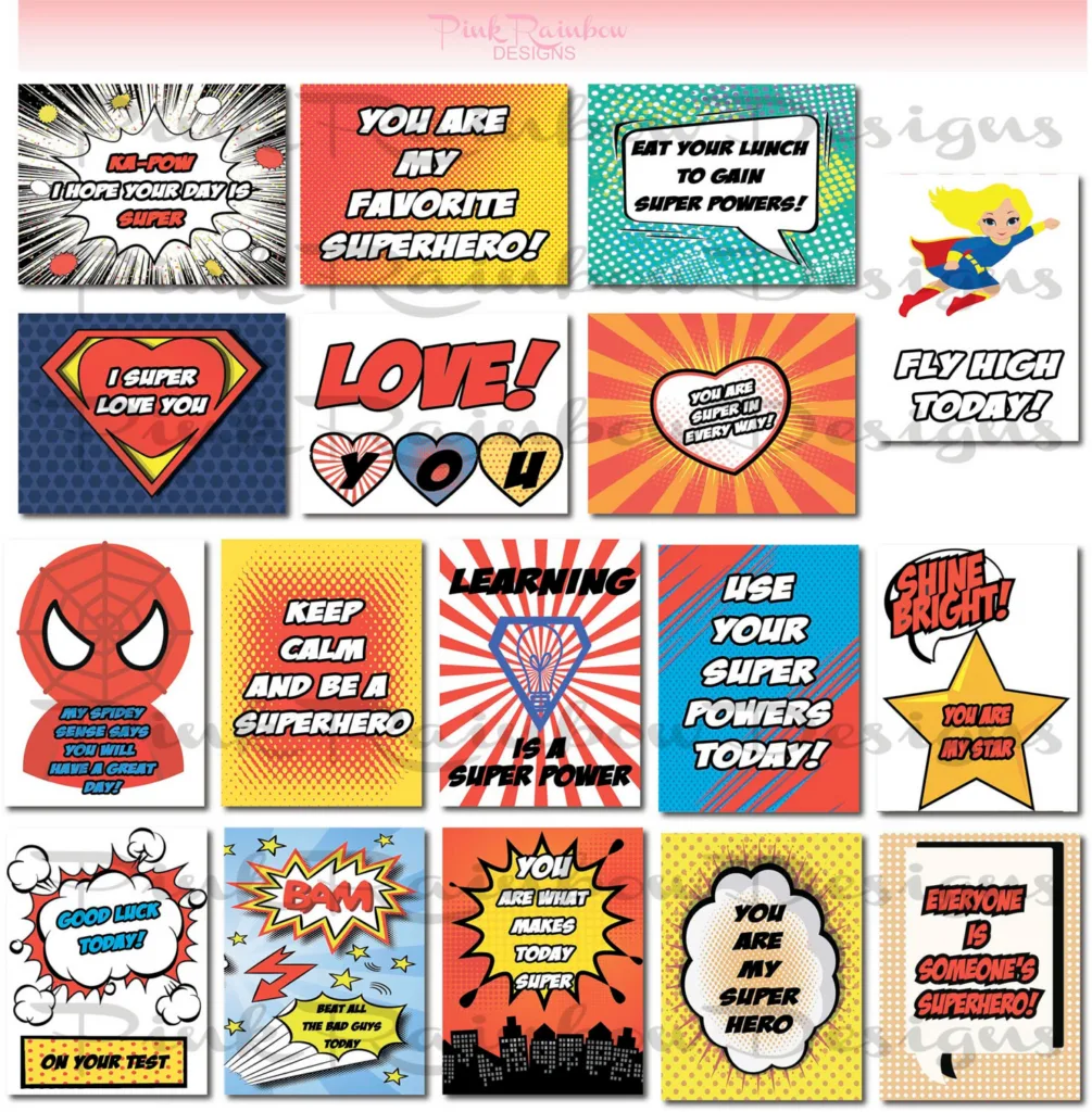 Printable motivational superhero lunch notes on Etsy
