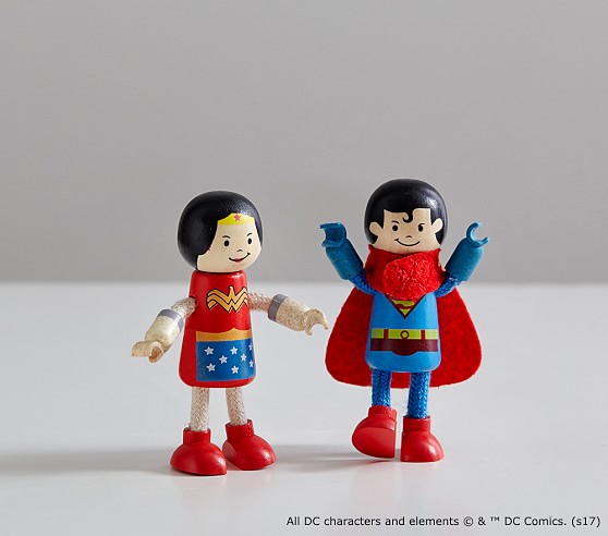 Birthday gift ideas for preschoolers under $15: Superman and Wonder Woman Wooden Figurines at Pottery Barn Kids