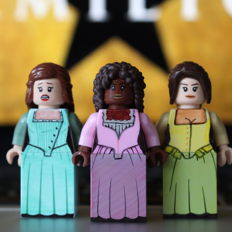 The Schuyler Sisters and the rest of the Hamilton cast recreated in LEGO by Broadway Bricks