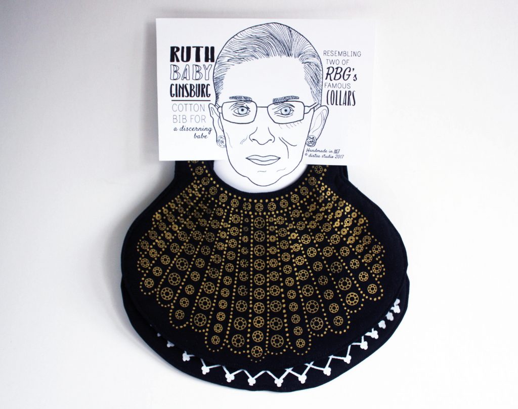 The Ruth Baby Ginsburg RGB collar bib from Dirtsa Studio on Etsy