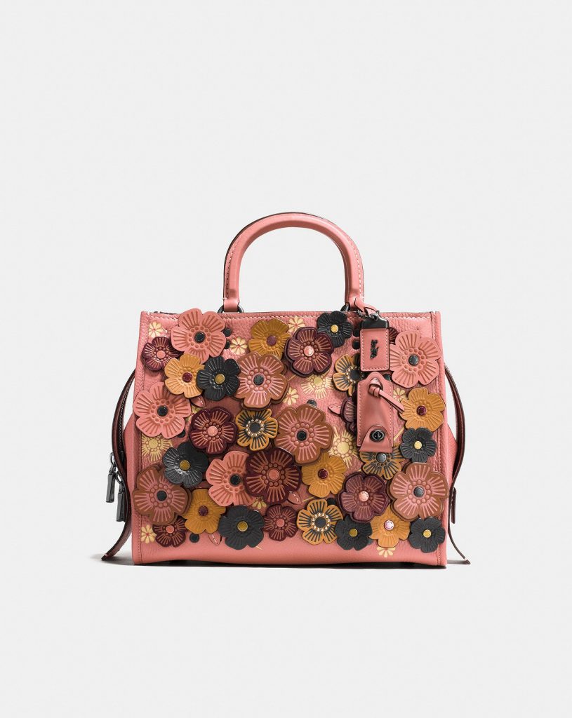 Coach Rogue Leather Tote in Tea Rose with stunning leather rose detailing 