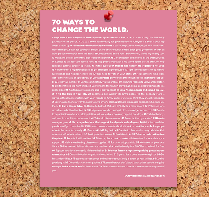 70 ways to change the world: Printable PDF poster with your support of the new "Our President Was Called Barack" children's book on Kickstarter