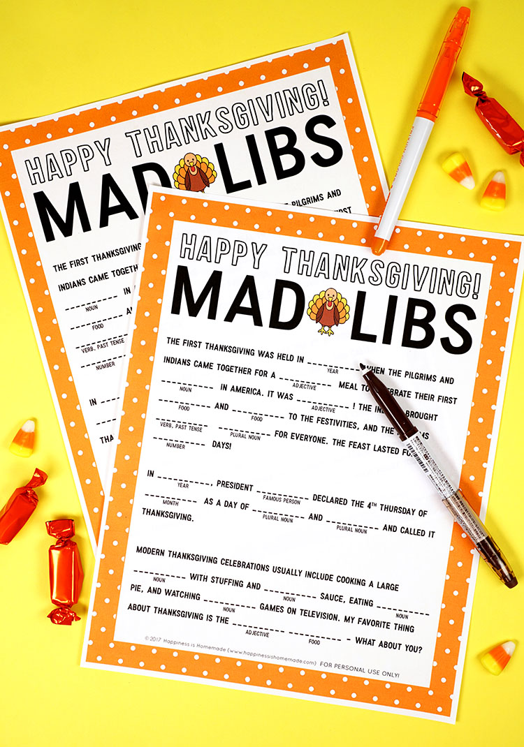 Thanksgiving activity printables: Thanksgiving Mad Libs Printable | Happiness is Homemade