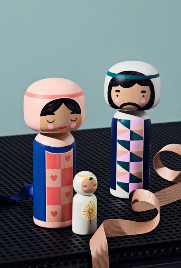 Becky Kemp modern nativity peg doll set in the style of mid-century modern folk artists like Alexander Girard