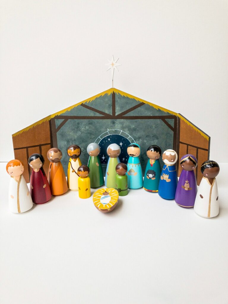 Diverse peg doll nativity set from Progressive Peg Dolls on Etsy