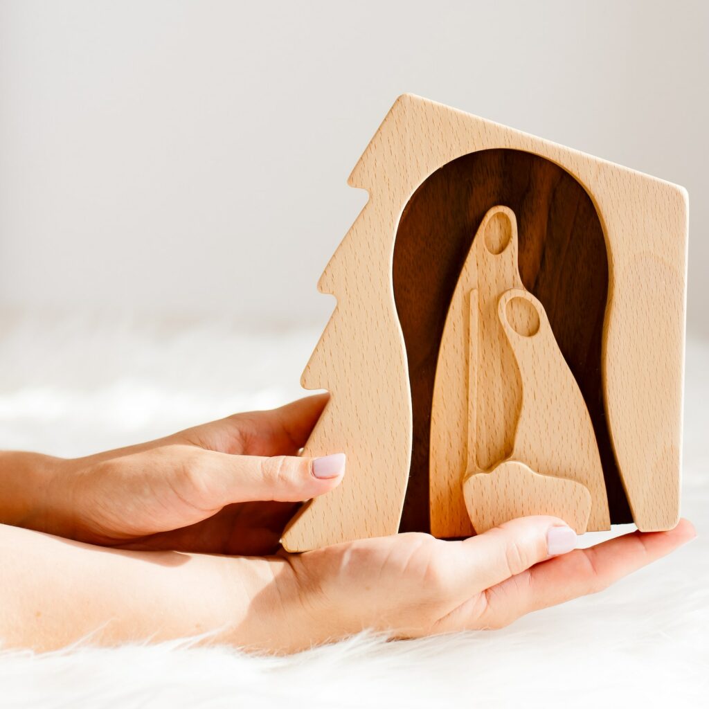 Modern wood nativity set from LovingWoodCom - made entirely from a single piece of wood, in your choice of woods and finishes